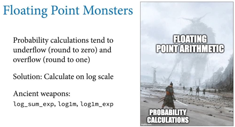 I taught probabilistic programming yesterday, specifically the eternal battle against the demons of floating point arithmetic. I have an old (2023) 15min bonus lecture on the topic, for those who fancy battling monsters. Link to video (starts at 1h mark): youtu.be/mt9WKbQJrI4?li…