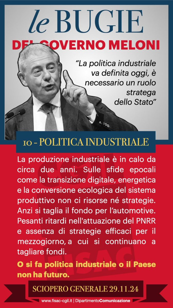 fisac_cgil's tweet photo. @cgilnazionale @collettiva_news 🟥 #10 - La produzione è in calo da mesi e senza industria non c’è futuro. Questa la verità. 
📌 Decima e ultima bugia. Ce ne sarebbero altre ma è ora di scendere in piazza: venerdì #29novembre è sciopero generale

#ScioperoCgilUil 
#NelSegnoDeiDiritti https://t.co/A3zFv9UyKr