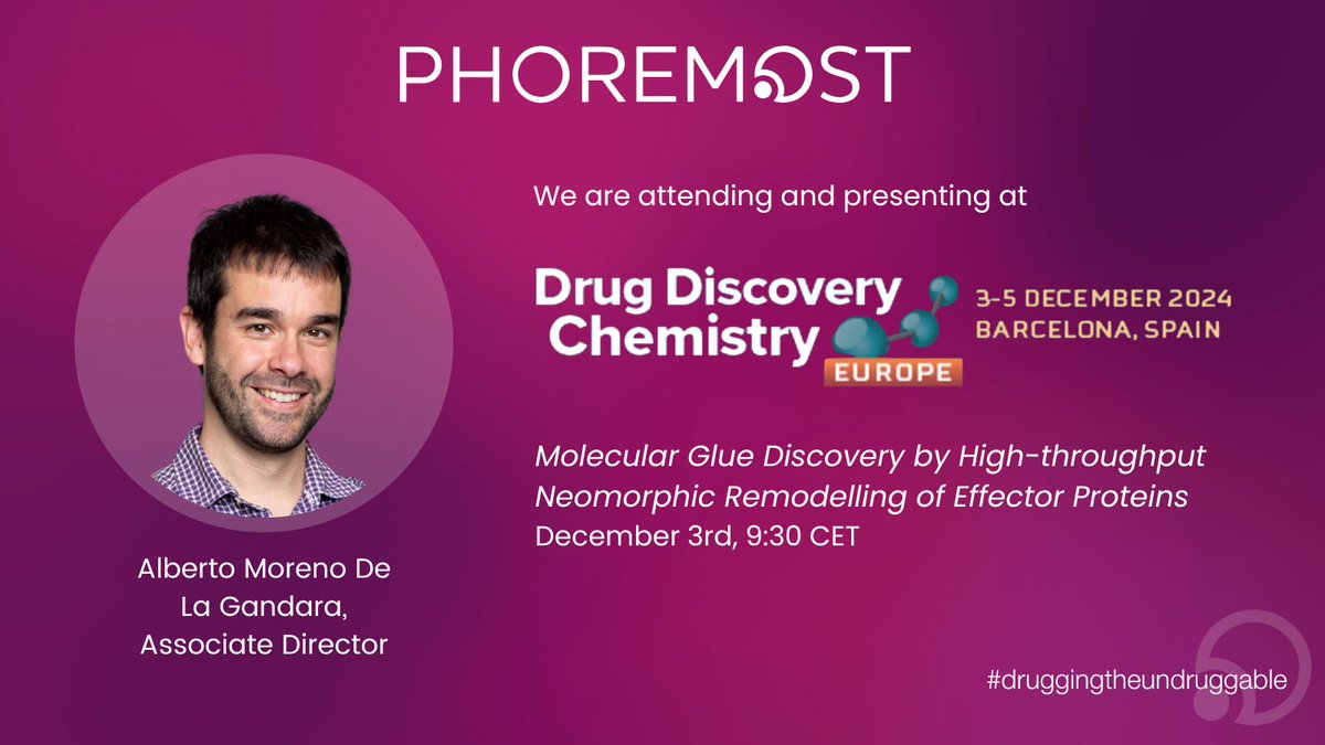 Next week, we’re off to Barcelona for #DDCEurope!
 
Catch Alberto Moreno De La Gandara, Associate Director for Target Biology, on Day 1 for his talk on #MolecularGlue discovery.
 
For the full agenda, visit ➡️ drugdiscoverychemistry.com/europe/programs
