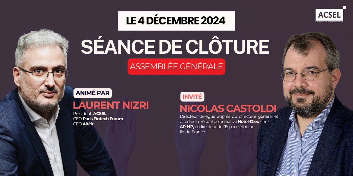 ✨ Clôture de l'Assemblée Générale de l'ACSEL [Réservé aux adhérents)

📅 4 décembre
🕕 19h00 - 20h00

Pour terminer notre AG, rejoignez-nous avec Laurent Nizri, Président de l'Acsel, et notre invité spécial Nicolas Castoldi (AP-HP) ! Il présentera son livre "Contre