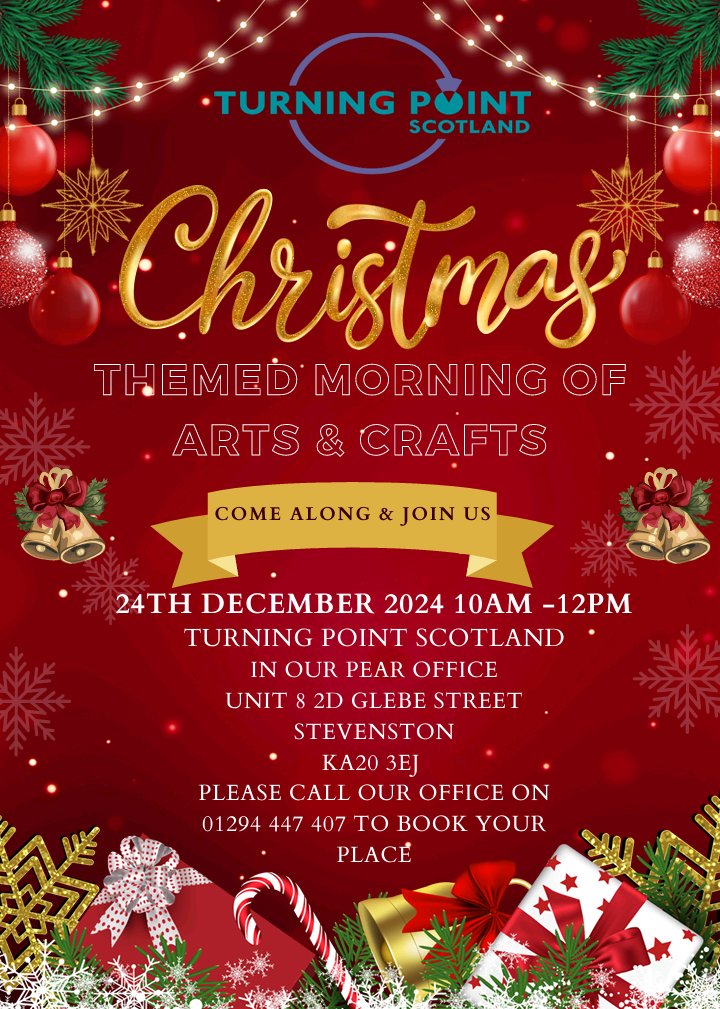 Come along Christmas eve morning for an arts and crafts session at the Stevenston office. 

Please call to book your space. 
🌲🍪🌨️☃️