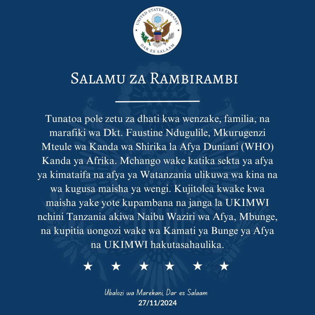 Salamu za Rambirambi

Tunatoa pole zetu za dhati kwa wenzake, familia, na marafiki wa Dkt. Faustine Ndugulile, Mkurugenzi Mteule wa Kanda wa Shirika la Afya Duniani (WHO) Kanda ya Afrika. Mchango wake katika sekta ya afya ya kimataifa na afya ya Watanzania ulikuwa wa kina na wa