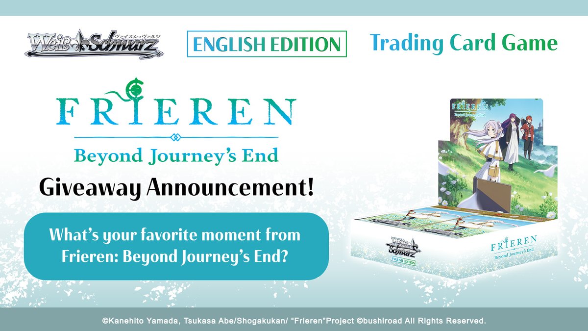 Giveaway! 🎉    

Stand a chance to win a Booster Pack Frieren: Beyond Journey's End display!

1. Follow us, like and share the giveaway post 
2. Comment your favorite moment from Frieren: Beyond Journey's End

🔗 bit.ly/ga-sfn

#WeissSchwarz #TCG #Frieren #Giveaway