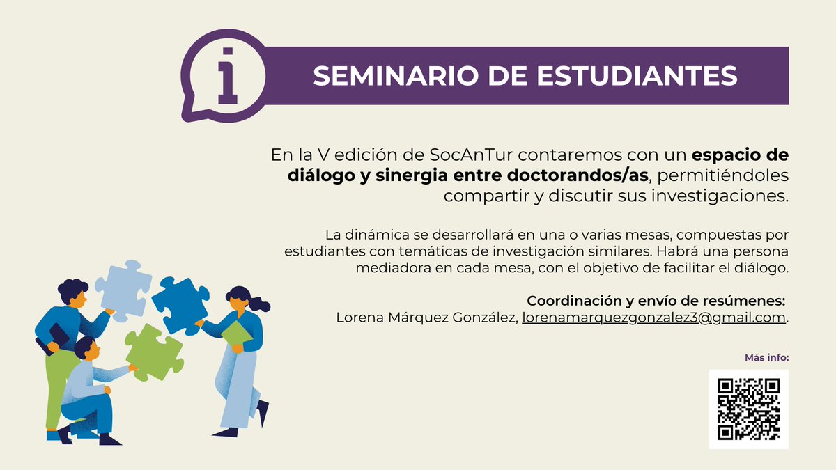 👀¡Atención estudiantes de doctorado! En SocAnTur 2025 contaremos con un espacio para que compartáis y dialoguéis sobre vuestras investigaciones en turismo desde una perspectiva socio-antropológica. 

Envío de resúmenes hasta el 2 de diciembre.

 + info: socantur.com/seminario-con-…