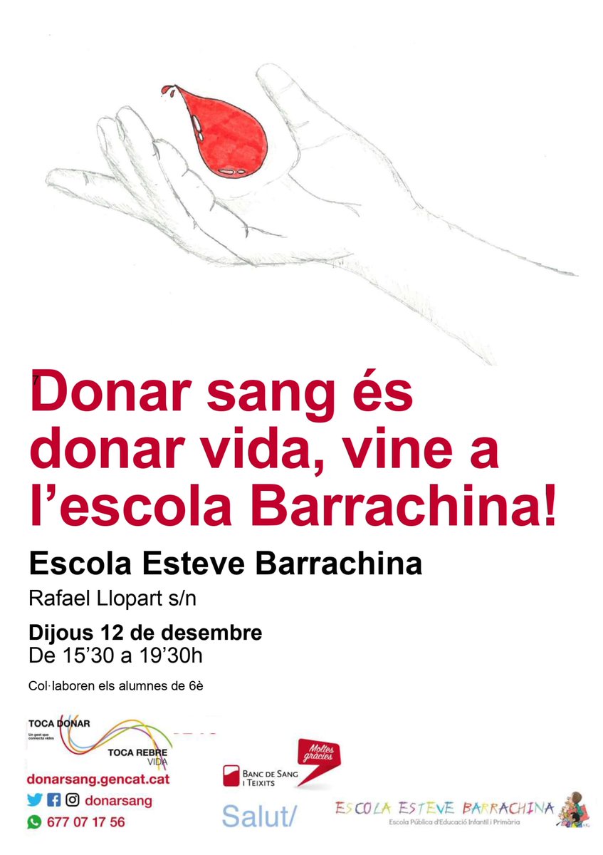 CAMPANYA DE DONACIÓ DE SANG
Un any més el Barrachina és casa teva. Guardeu la data: 12 de desembre! 
Dona Sang, dona vida, vine a l'escola Barrachina!
<a href="/lecodesitges/">L’Eco de Sitges</a> <a href="/radiomaricel/">Ràdio Maricel de Sitges</a> <a href="/DonasangreCruzR/">Cruz Roja Donación de Sangre</a>
<a href="/donaciosang/">donaciosang</a> <a href="/AjSitges/">Ajuntament de Sitges</a>
