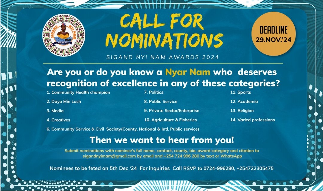 gladyswanga's tweet image. Nyi Nam untie? It is that time of year again to honour and celebrate the inspiring Daughters of the Lake who are making a positive impact in the world. Do you know a standout nominee in any of the fields below? Nominate them today for well-deserved recognition! 
#SigandNyiNam2…