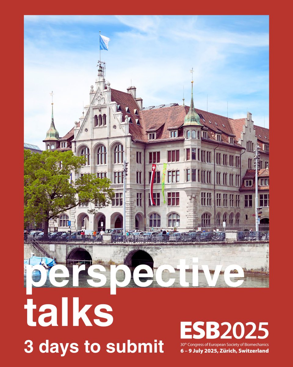 ⏳ 3 Days Left to Submit! ⏳

Time is running out to present your Perspective Talk at #ESB2025.

🔸 Highlight advancements in biomechanics.
🔸 Synthesize key findings.
🔸 Map future directions for innovation.

📅 Deadline: 30 Nov 2024
👉 Submit now: esbiomech2025.org