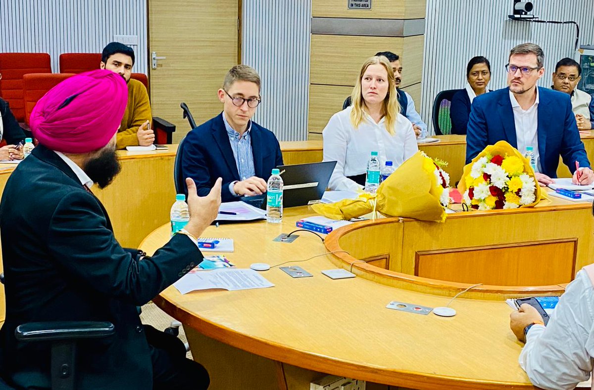 NICMeity's tweet photo. A three member delegation from National ID Centre of Denmark visited NIC Hqrs., New Delhi; strengthening ICT cooperation and exploring opportunities for innovation &amp; growth together. NIC officials presented them various digital solutions facilitating eGovernance at all levels. https://t.co/TTiNaYQ8E6