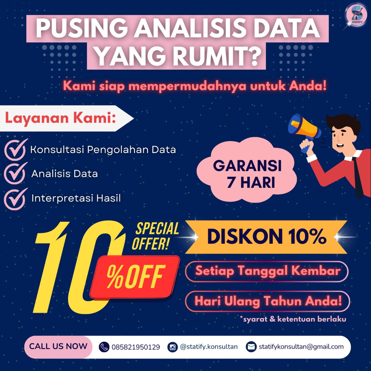 StatifyK's tweet photo. @darjofess Ayooo sini ke kami kakkk. Fee nya start from 10k. Ada diskon up to 30% jugaaa. Free revisi karena ada garansi selama 7 hari. Kami bidangnya statistika, jadi dijamin hasilnya trusted dan akurat. Bisa hubungi kami kalo tertarik yaa kak😇 https://t.co/RB2JxuMby4