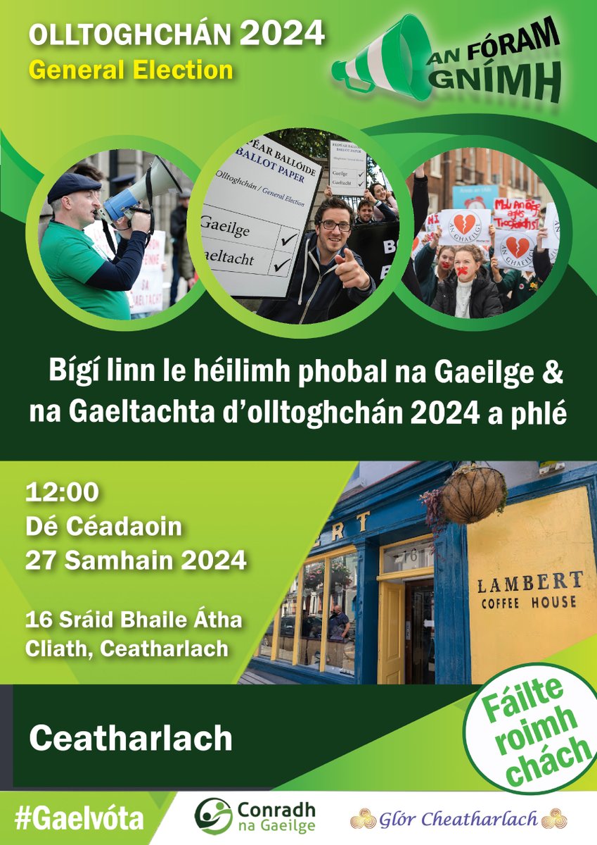 Conradh na Gaeilge ⭕️ (@cnag) on Twitter photo 🚨Fóram Gnímh Cheatharlach🚨
📍16 Sráid Bhaile Átha Cliath
⏲️12.00
Gabhaimid ár mbuíochas le <a href="/glorcheath/">Glór Cheatharlach</a> as an deis a thabhairt dúinn chun ár n-éilimh a phlé.
Fáilte roimh chách✊ #GaelVóta cnag.ie/gaelvota 🚨Fóram Gnímh Cheatharlach🚨
📍16 Sráid Bhaile Átha Cliath
⏲️12.00
Gabhaimid ár mbuíochas le <a href="/glorcheath/">Glór Cheatharlach</a> as an deis a thabhairt dúinn chun ár n-éilimh a phlé.
Fáilte roimh chách✊ #GaelVóta cnag.ie/gaelvota