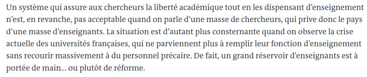 Cela crée des interrogations légitimes sur le maintien de deux statuts différents, surtout dans un contexte de compétition accrue et de rareté des ressources. MAIS dire que si on mettait les CNRS à l'enseignement, ça résoudrait les problèmes des universités, c'est du pur bullshit