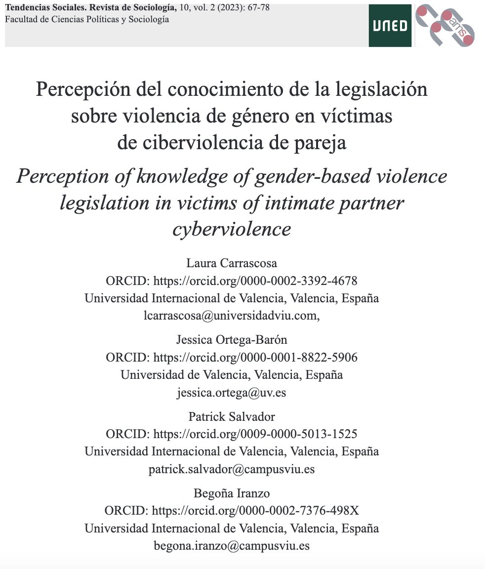 En el número 10 de nuestra revista
<a href="/JessicaOrtegaB1/">Jessica Ortega-Baron</a> <a href="/PatrickSalPeris/">Patrick Salvador Peris</a>
escriben sobre el conocimiento de la legislación sobre violencia de género. Les invitamos a leer el artículo completo en el siguiente enlace:
revistas.uned.es/index.php/Tend…