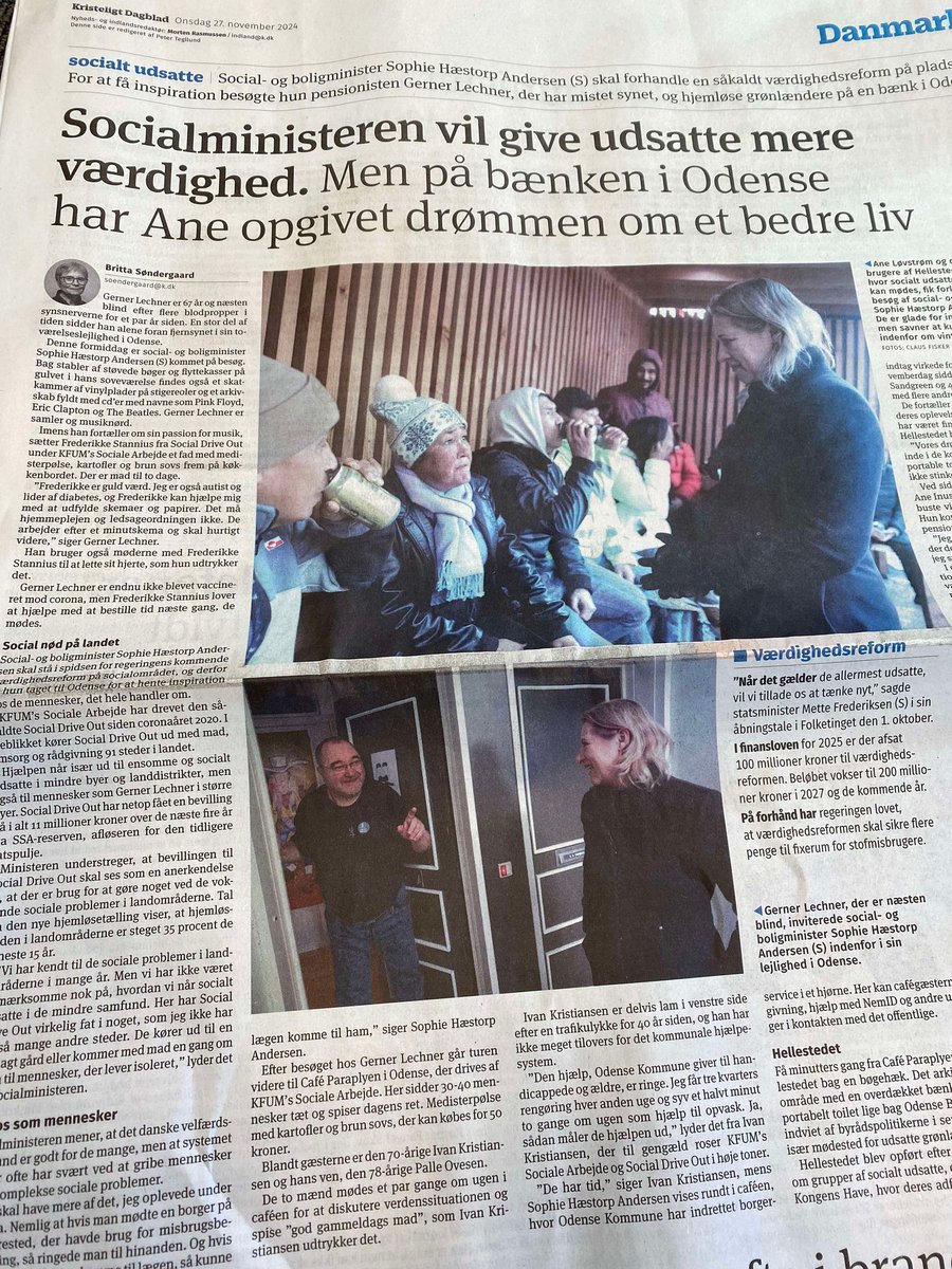 Socialministeren <a href="/SophieHAndersen/">Sophie Hæstorp</a> bragte mad og nærvær hjem til næsten blinde Gerner og til brugerne af Hellestedet i Odense, da hun kørte #SocialDriveOut. Ministeren fik mange gode snakke om værdig hjælp til mennesker på samfundets kanter.
@Kristeligt Dagblad var med. <a href="/miaasee/">Michael Aagaard Seeberg</a>