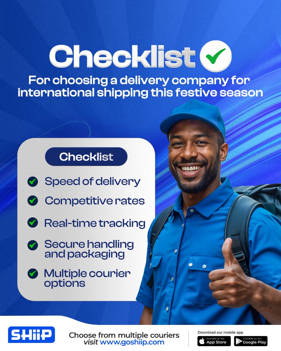 go_shiip's tweet photo. It's the festive season,  time to think about how you're shipping gifts, orders, and packages internationally. 

Here’s a quick checklist to ensure you’re choosing the best delivery company for the job👇 https://t.co/tf6Fl6KYgR