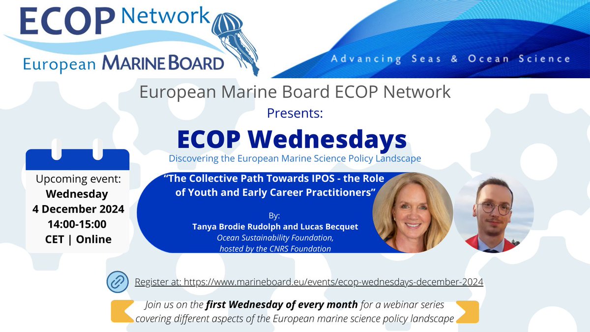 Join us next wednesday for our #ECOPWednesday on "The Collective Path Towards IPOS - the Role of Youth and Early Career Practitioners" with speakers Tanya Brodie Rudolph and Lucas Becquet from <a href="/ipos_earth/">Ocean Sustainability Foundation</a>
 (hosted by CNRS Foundation). More &amp; register here: marineboard.eu/events/ecop-we…