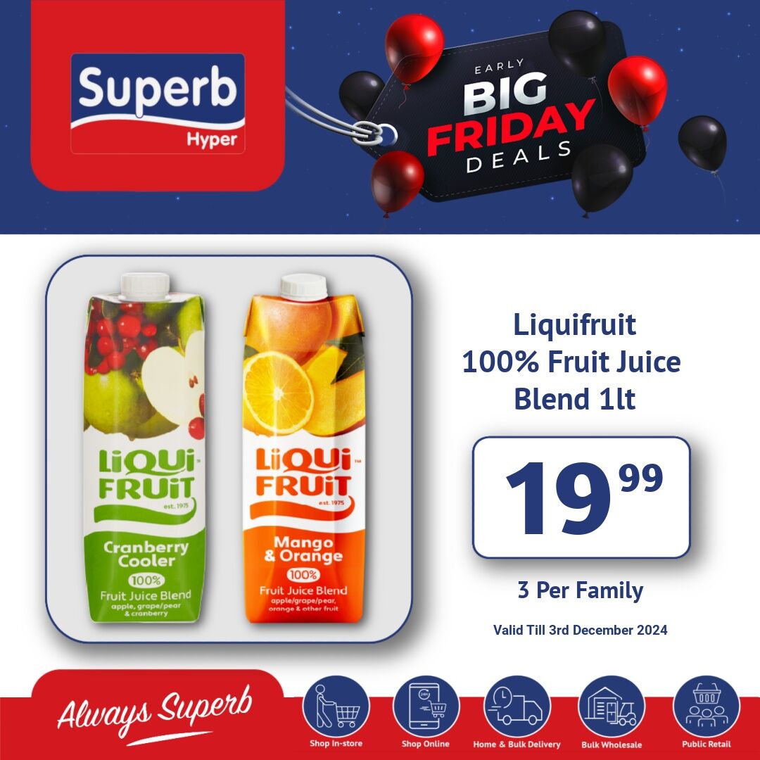 Superbhyper's tweet image. Superb Hyper Promotions
Big Savings,Early Black Friday Is Here!
Shop Online: superbhyper.co.za
Get Same Day Delivery For Only R29! 
Order Via WhatsApp Or Email
Whatsapp:0639002200
Email:sales@superbhyper.co.za
Shop In-store:17 Smithers Road,KwaDukuza
Valid:3rd December 2024