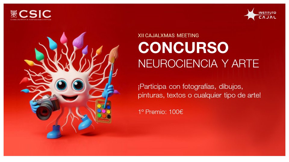 Concurso de neurociencia y arte por el Cajal Xmas meeting: puedes enviar fotos, ilustraciones, textos, ¡u otros formatos!

Apúntate a través de este formulario: 
forms.gle/SbdPXxpd22deD7…

Plazo hasta el 11 de diciembre incluido. 100 euros de premio.

Bases: drive.google.com/file/d/1fXAId7…