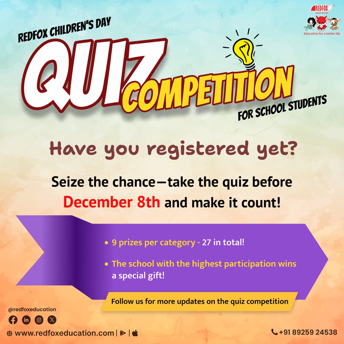 RedFox_EdTech's tweet image. Stay sharp and our quiz is your moment to shine!

Download Our Mobile App:
GooglePlay:bit.ly/31lO56z
AppStore:apple.co/39UxPwl

#RedfoxQuiz #EnglishLanguageCompetition #FunWithLearning #StudentsQuiz #EnglishQuiz #StudentCompetition #WinCashPrizes #RedFoxEducation