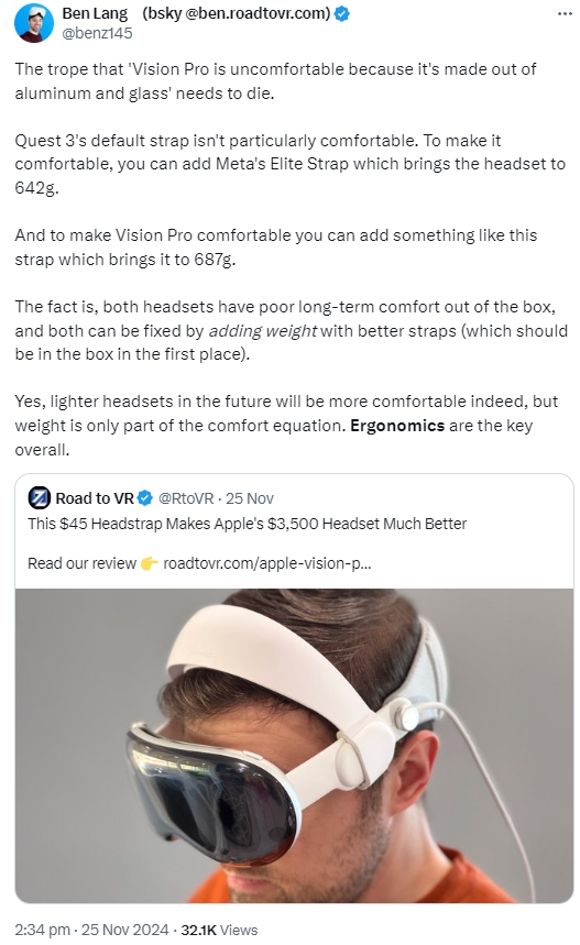 Big thanks to Ben for the honest review, and also to Road to VR for the detailed review! The V1 version wasn't a perfect fit for you, but the upgraded V2 is now working great! Appreciate <a href="/benz145/">Ben Lang</a> for sharing this – it really means a lot in making the AVP more comfortable to wear!