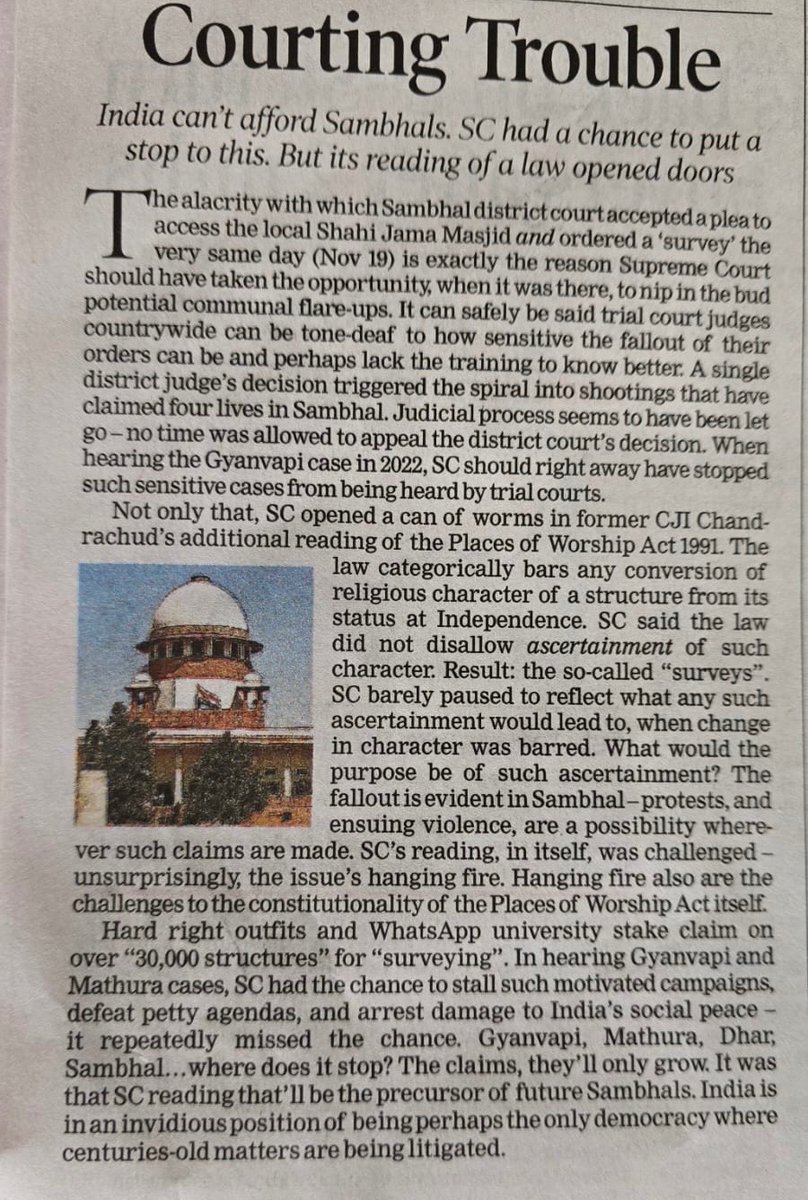 The Places of Worship Act was meant to prevent Babri-like disputes. But the Ayodhya judgement &amp; the Court’s treatment of Gyanvapi has emboldened Hindutva outfits from targeting any and every masjid they can. This is unfortunate

“SC opened a can of worms in former CJ