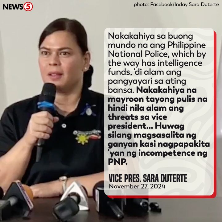'NAKAKAHIYA'

Ito ang pahayag ni Vice Pres. Sara Duterte matapos sabihin ng Philippine National Police #PNP na wala itong impormasyon sa umano'y banta laban sa bise.

Ayon kay Duterte, pinapakita lang nito ang "incompetence" ng PNP. #News5