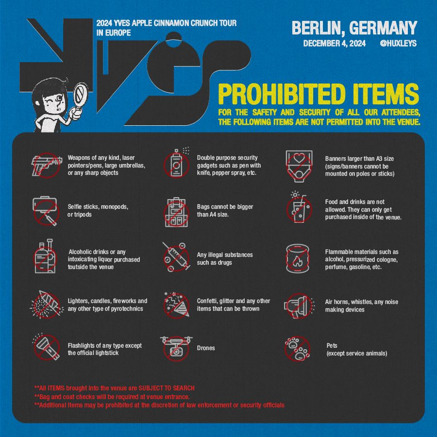 📣🇩🇪2024 YVES APPLE CINNAMON CRUNCH TOUR IN BERLIN🇩🇪📣

Those attending the show on DEC 04!

The show day schedule and prohibited items list for 2024 YVES APPLE CINNAMON CRUNCH TOUR IN BERLIN is now available! 

Check info👇
#Yves