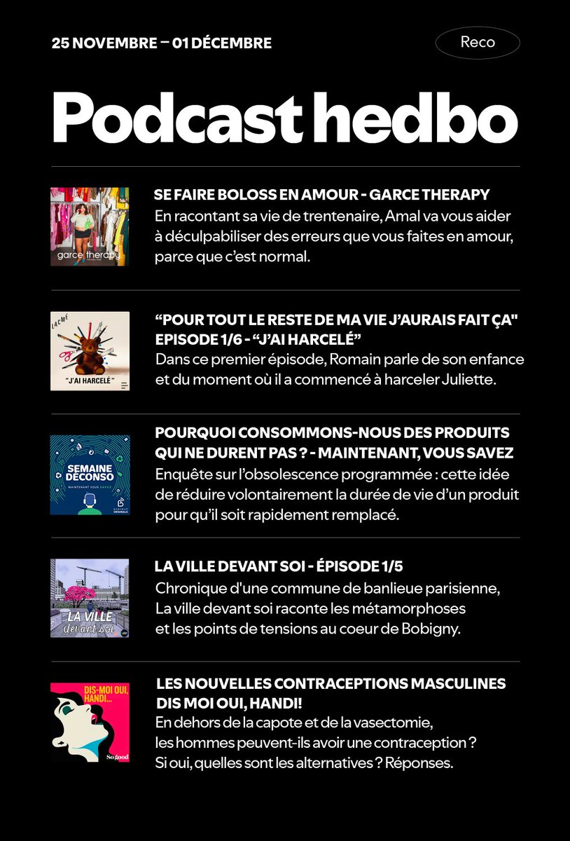 On écoute quoi cette semaine comme podcasts ?

❤️‍🩹 Garce Therapy
🧑‍🏫 "J’AI HARCELÉ" x <a href="/psynergy63/">Delphine Py</a>
♻️ <a href="/mntvoussavez/">Maintenant Vous Savez</a> x <a href="/BababamAudio/">Bababam</a>
🏙️ <a href="/makingwaves_org/">Making Waves</a> x @FabienneLaumon1 x <a href="/Surgissantes/">Thomas Guillaud-Bataille</a>
🙆‍♂️ <a href="/sogoodradio/">So good</a>

À retrouver sur Spotify ➡️ spoti.fi/403SJoq