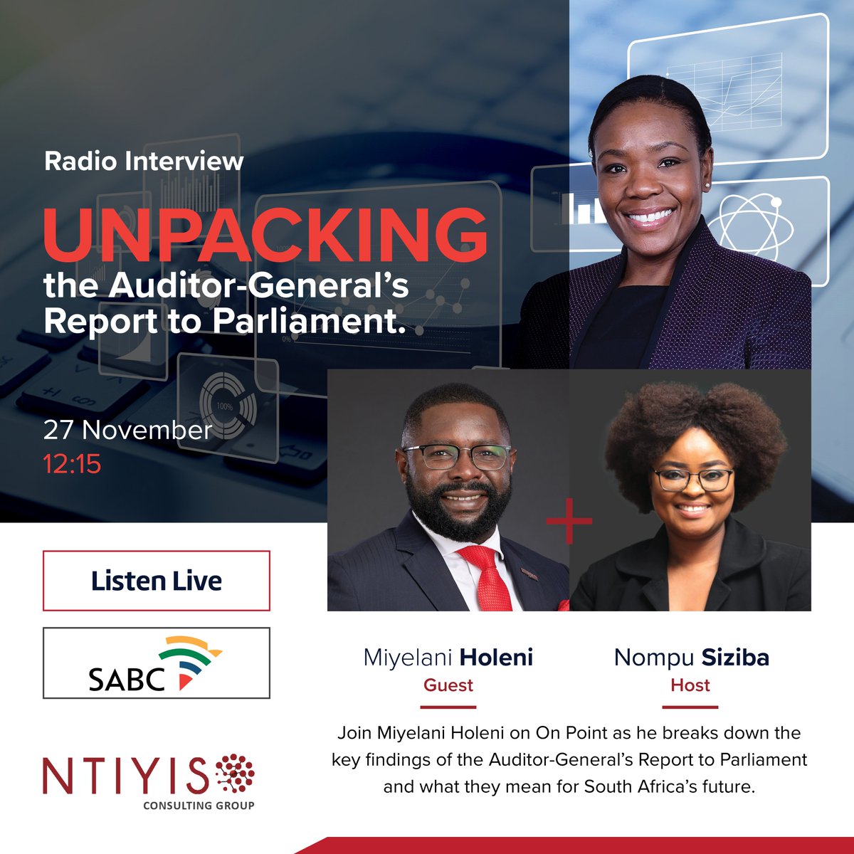 Miyelani's tweet image. Tune in to On Point on SABC today at 12:15 as I discuss the Auditor-General's Report to Parliament with Nompu Siziba!

 #OnPoint #AuditorGeneralReport #SABC #NtiyisoConsultingGroup
@SABCNews 
@NtiyisoConsult
