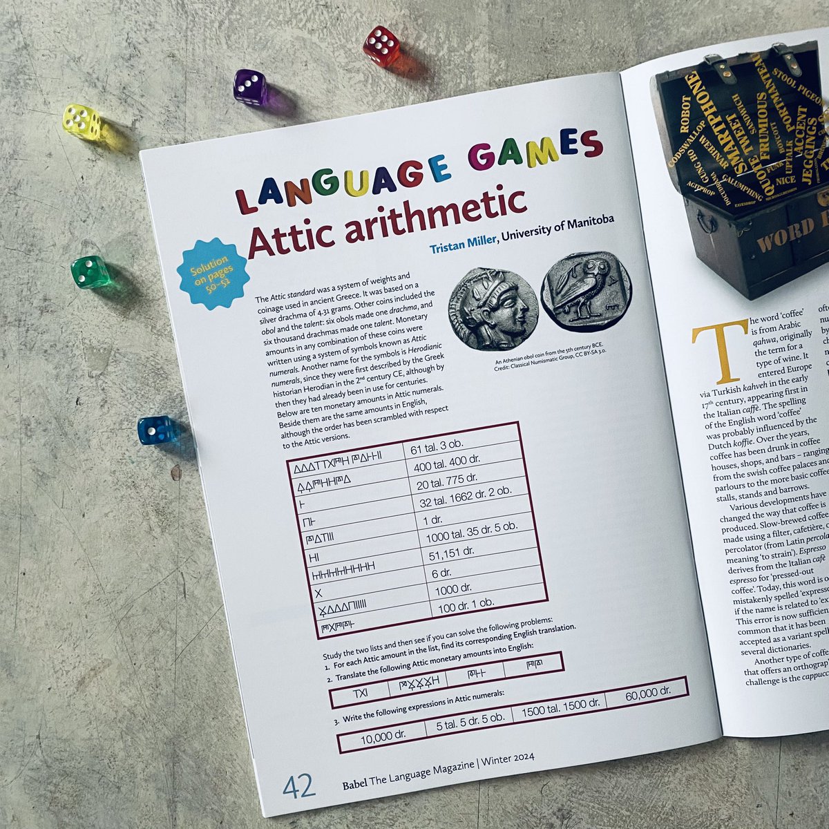 Babel: The Language Magazine (@babelzine) on Twitter photo 🎲 Test your Attic-English translation skills!
📖 Answers in Babel No49 (Winter 2024), available at babelzine.co.uk
✍️ Language Games from <a href="/Logological/">Tristan Miller @logological@mastodon.social</a> 🎲 Test your Attic-English translation skills!
📖 Answers in Babel No49 (Winter 2024), available at babelzine.co.uk
✍️ Language Games from <a href="/Logological/">Tristan Miller @logological@mastodon.social</a>