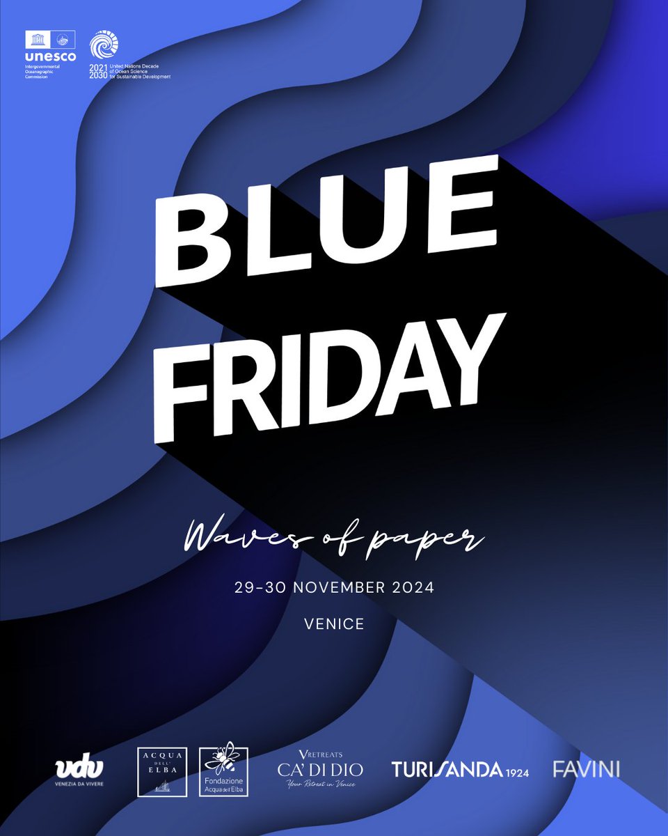 🌊 Blue Friday returns to #Venice for its 3rd edition—an ocean-friendly alternative to Black Friday!

Join panels, workshops &amp; activities on ocean literacy &amp; sustainability.

📃 This year's theme: paper as a medium for collective memories.

 Sign-up 👉 ow.ly/iuAT50UfQAt