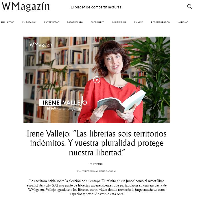 “Las #librerías sois territorios indómitos. Y vuestra pluralidad protege nuestra libertad”: <a href="/irenevalmore/">Irene Vallejo</a> agradece a los libreros, en este vídeo, que El infinito en un junco sea el nº 1 de #Los10MejoresLibrosEspañolesDelSigloXXI, de la encuesta #WMagazín 👉bit.ly/3CW38ZO