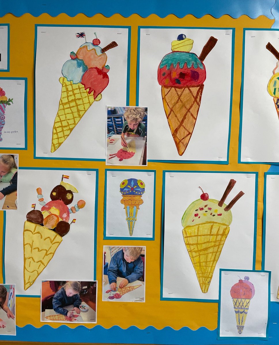 The children in Y2 have been creating pictures of ice cream inspired by the American artist Andy Warhol. The children sketched lots of ice creams in their art sketch books before Mrs Hine enlarged the drawings. The drawings were then painted and details were added in oil pastels.