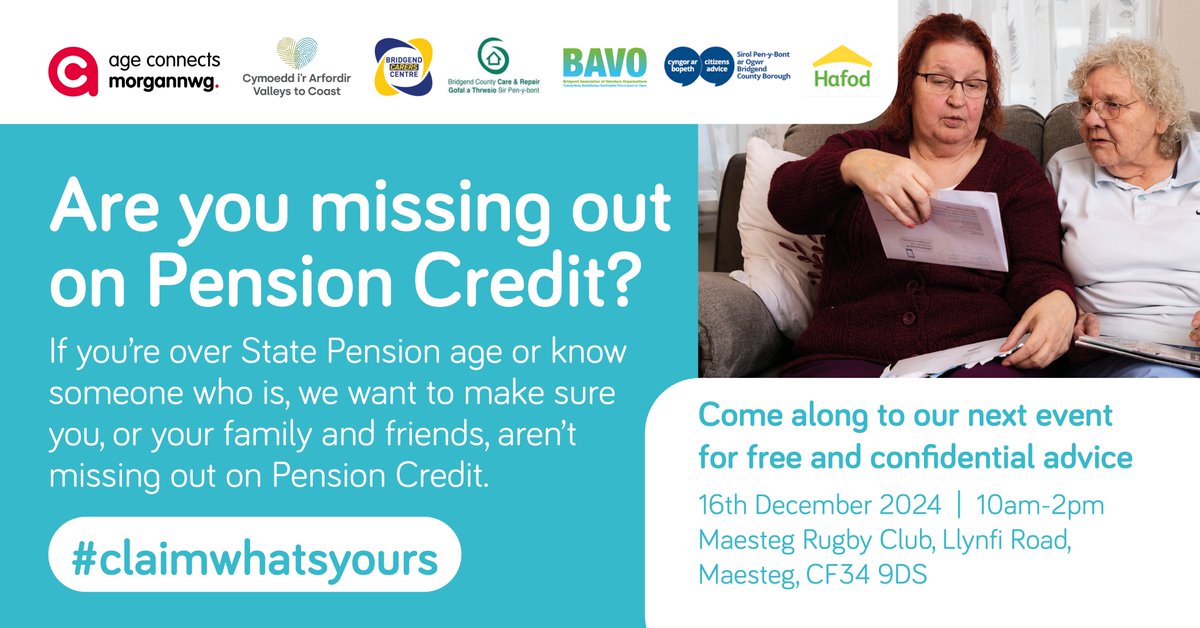 ACMorgannwg's tweet photo. We are working with our partners in Bridgend to host a series of Pension Credit Awareness events. The first one will be taking place at Maesteg Rugby Club on December 16th.
#PensionCredit #ClaimWhatsYours #Maesteg https://t.co/QxUuoi5l8B