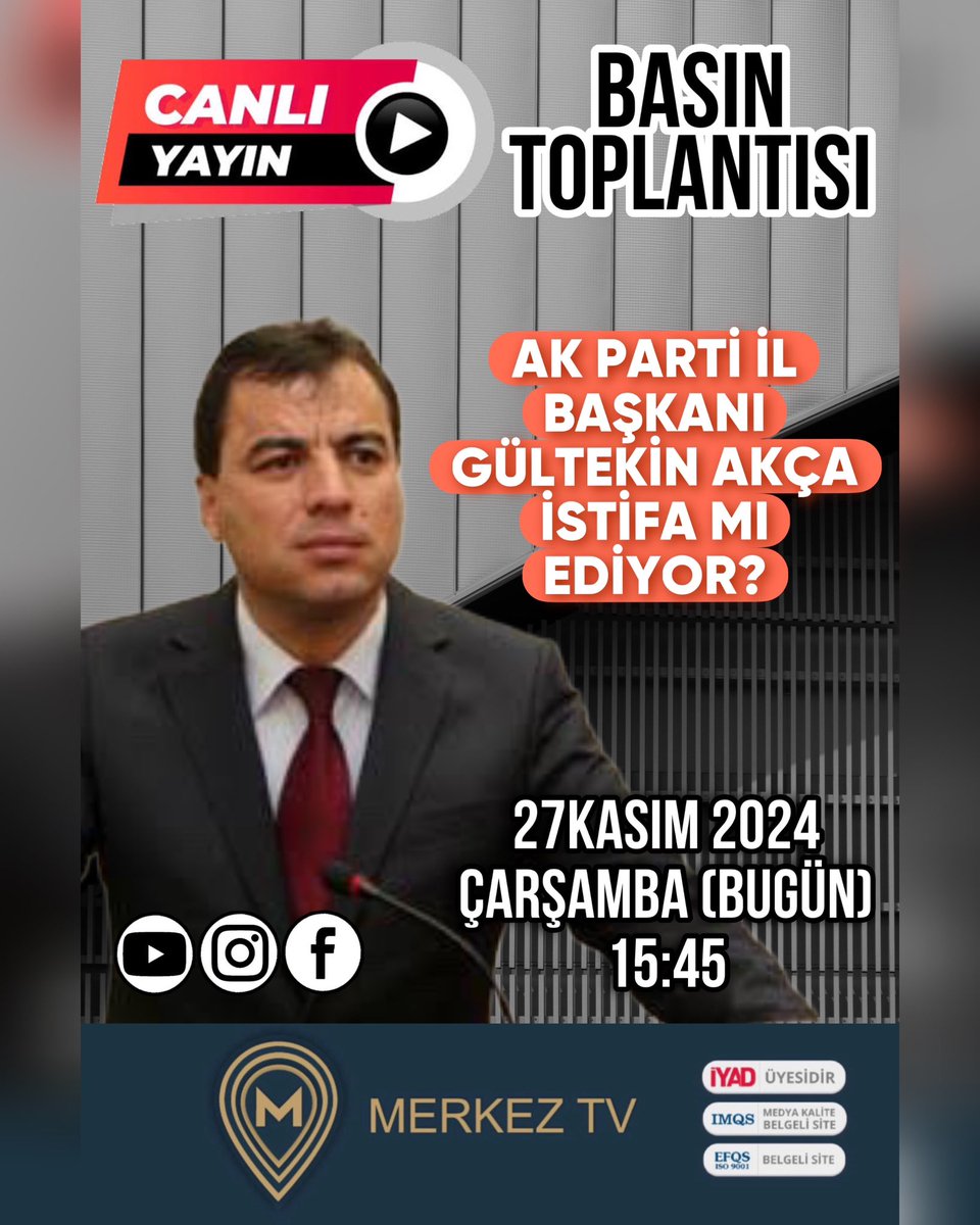 Bu gün  saat:16.00’da  Ak Parti il başkanlığında  il başkanı Av. Gültekin AKÇA  tarafından  gerçekleştirilecek olan basın açıklaması CANLI YAYINDA ekranlarınıza gelecek.
Kulislerde Akça’nın istifa edeceği konuşuluyor.
📺merkeztv.net
🛜YouTube/muglamerkeztv