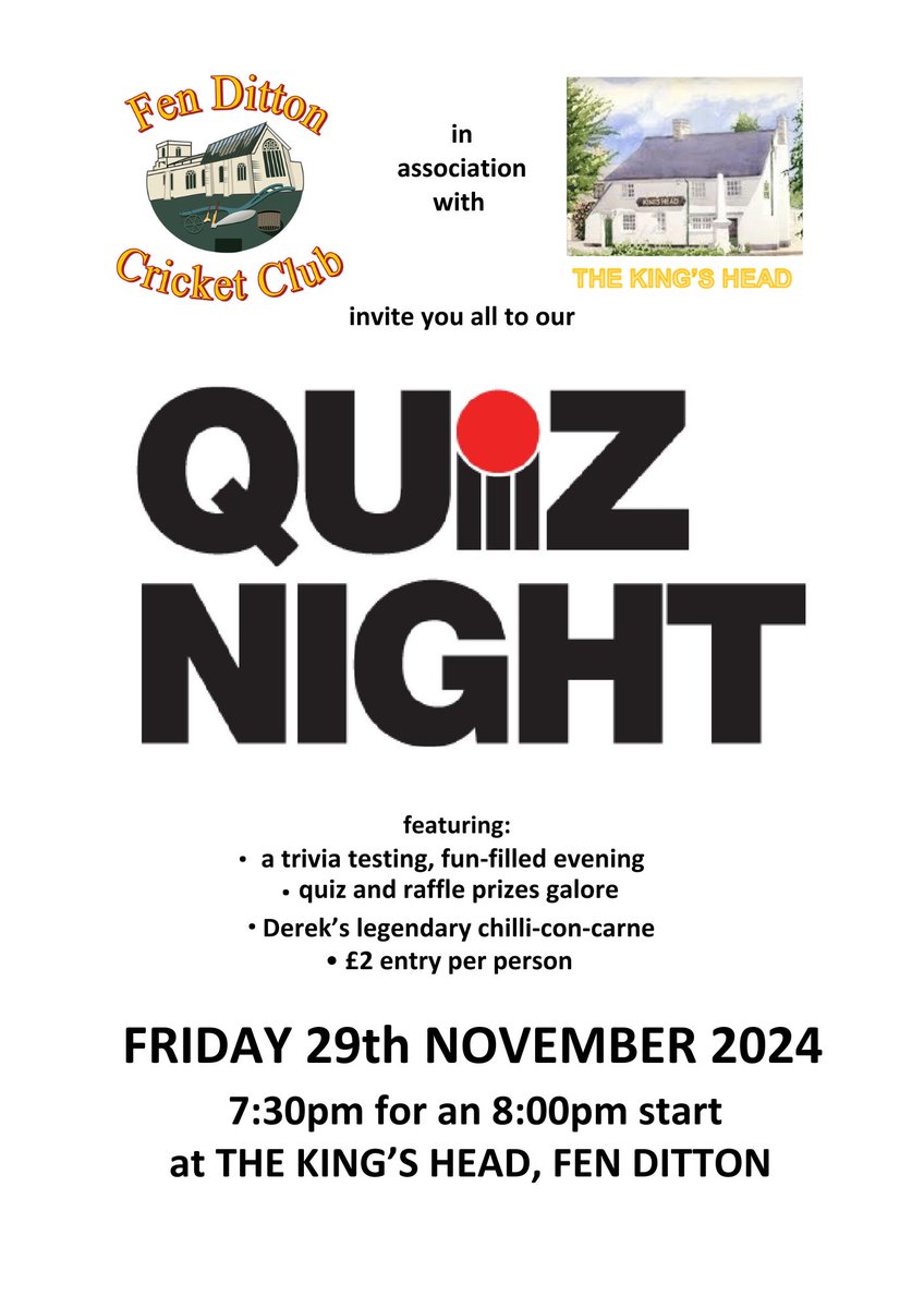 Did someone say pub quiz?!
Come along this Friday to David Shah’s Big Annual Quiz night at the Kings Head, Fen Ditton, just outside Cambridge. 
First question at 8pm, with Dereks famous chilli-con-carne at half time!
See you there!