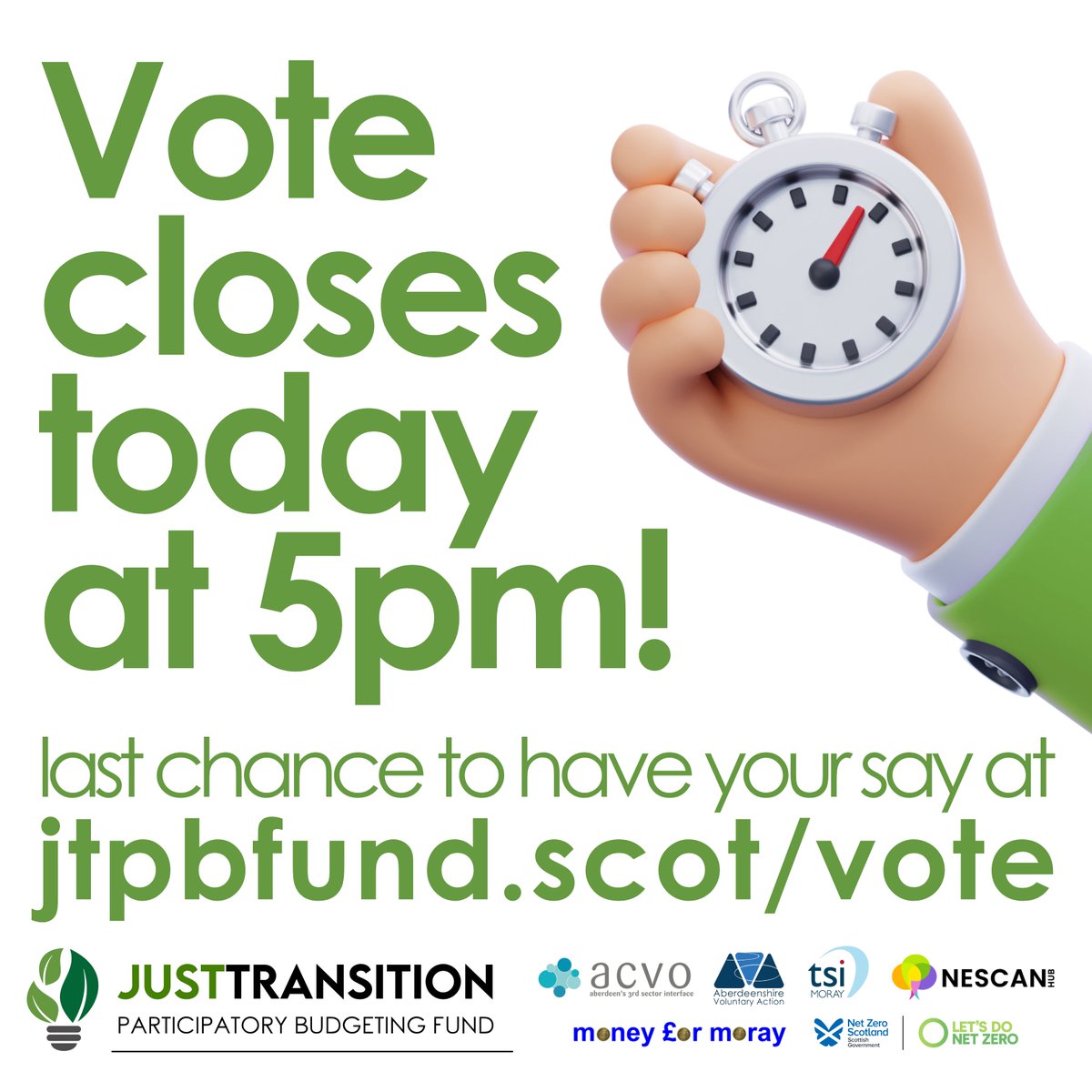🚨 Last chance to have your say in the #JTPBFund public vote – you only have until 17:00 TODAY!

🌱Residents of #Aberdeen, #Aberdeenshire and #Moray – decide who receives funding by choosing your favourite eco-friendly projects

🗳Submit your vote at jtpbfund.scot/vote