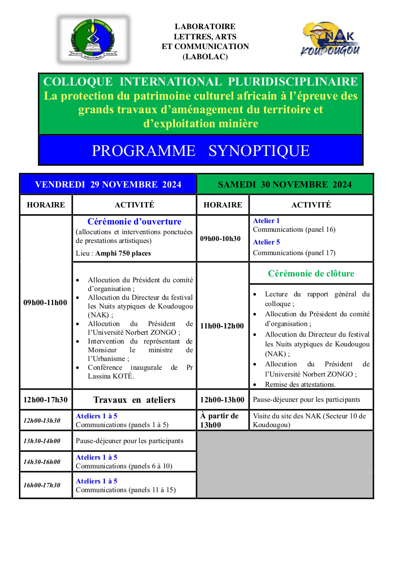 Eveha International (@evehainter) on Twitter photo Le 2e colloque international UNZ-NAK a pour thème « La protection du patrimoine culturel africain à l'épreuve des grands travaux d’aménagement du territoire et de l’exploitation minière ».
Thomas Creissen y présentera une communication.
#archéologie #afrique
<a href="/UniversiteZongo/">Université Norbert ZONGO</a> Le 2e colloque international UNZ-NAK a pour thème « La protection du patrimoine culturel africain à l'épreuve des grands travaux d’aménagement du territoire et de l’exploitation minière ».
Thomas Creissen y présentera une communication.
#archéologie #afrique
<a href="/UniversiteZongo/">Université Norbert ZONGO</a>