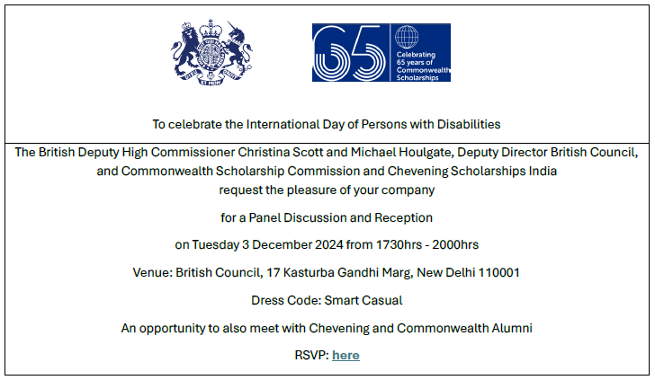 ACSFIndia's tweet photo. 📢 Commonwealth Scholarship Commission (CSC) and Chevening Scholarships India is celebrating "International Day of Persons with Disabilities".
🗓 Date: Tuesday, 3 December 2024
🕚 Time: 17.30-20.00 hrs 
 📍 Venue: British Council, New Delhi. 
📝Register 👉https://t.co/SGNz1aOu6U https://t.co/wtQrfOGcNi