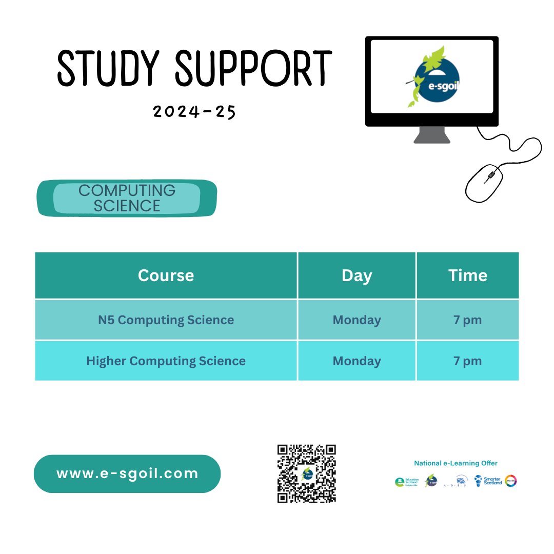 Study Support webinars are now underway for Computing Science N5 and Higher. 
Please share this handy graphic in your school department or online and help us to spread the word!
#NeLO
<a href="/EducationScot/">Education Scotland</a>
<a href="/STEMedscot/">STEM @ Education Scotland</a>