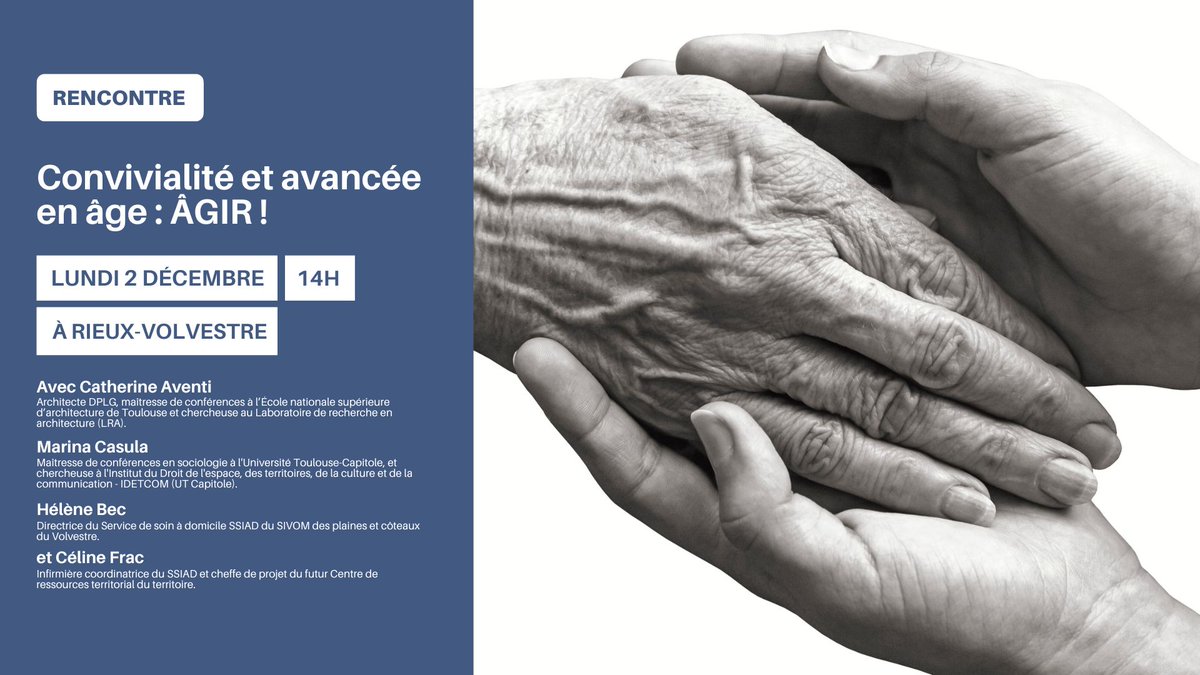 Université de Toulouse (@univ_toulouse) on Twitter photo #Exploreur Le programme de recherche ÂGIR (Âge, innovation sociale, réflexivité) a rassemblé des chercheuses en sciences sociales et en architecture et un collectif de seniors. Pour en savoir +, rendez-vous lundi 2 décembre à Rieux-Volvestre !
➡️ echosciences-sud.fr/communautes/ex… #Exploreur Le programme de recherche ÂGIR (Âge, innovation sociale, réflexivité) a rassemblé des chercheuses en sciences sociales et en architecture et un collectif de seniors. Pour en savoir +, rendez-vous lundi 2 décembre à Rieux-Volvestre !
➡️ echosciences-sud.fr/communautes/ex…