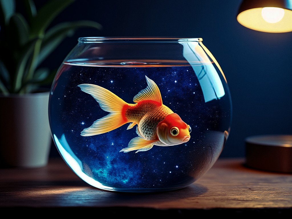 HCBGreatWall's tweet photo. Image Prompt:

Draw exactly a [goldfish] in a bowl but replace the water with a space texture containing stars and nebula. The bowl itself is on a tabletop with a lamp shining light onto it. Style is photorealistic https://t.co/AmRGjDFrMH
