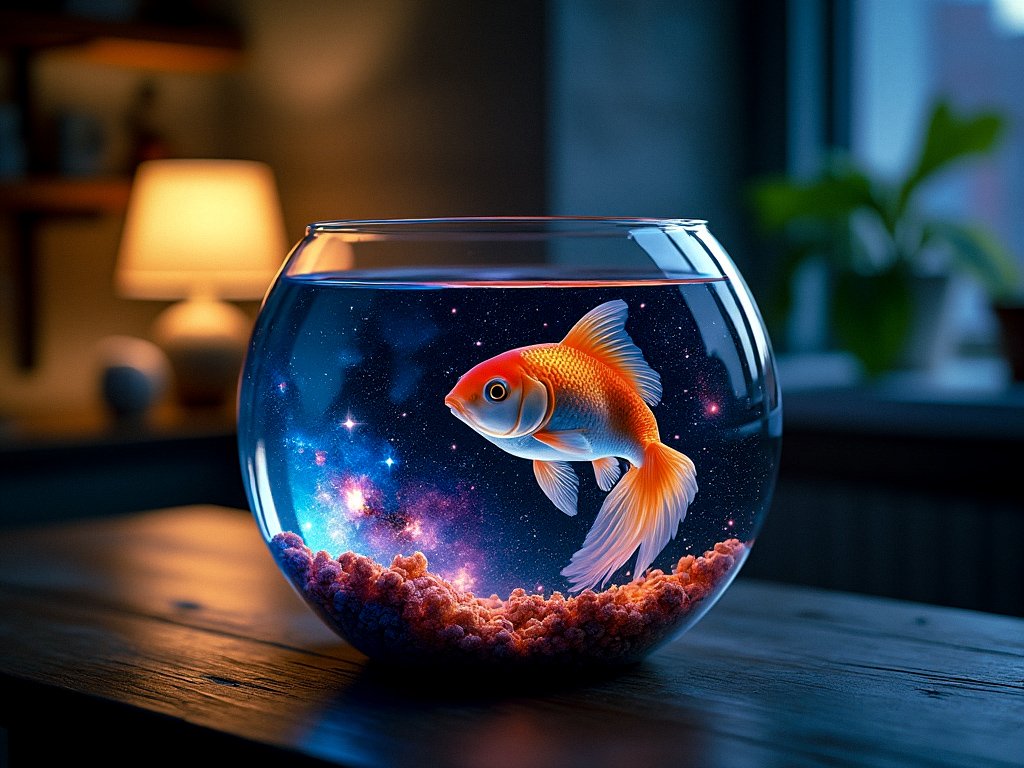 HCBGreatWall's tweet photo. Image Prompt:

Draw exactly a [goldfish] in a bowl but replace the water with a space texture containing stars and nebula. The bowl itself is on a tabletop with a lamp shining light onto it. Style is photorealistic https://t.co/AmRGjDFrMH