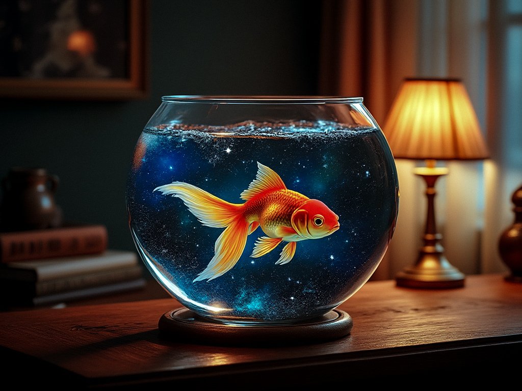 HCBGreatWall's tweet photo. Image Prompt:

Draw exactly a [goldfish] in a bowl but replace the water with a space texture containing stars and nebula. The bowl itself is on a tabletop with a lamp shining light onto it. Style is photorealistic https://t.co/AmRGjDFrMH