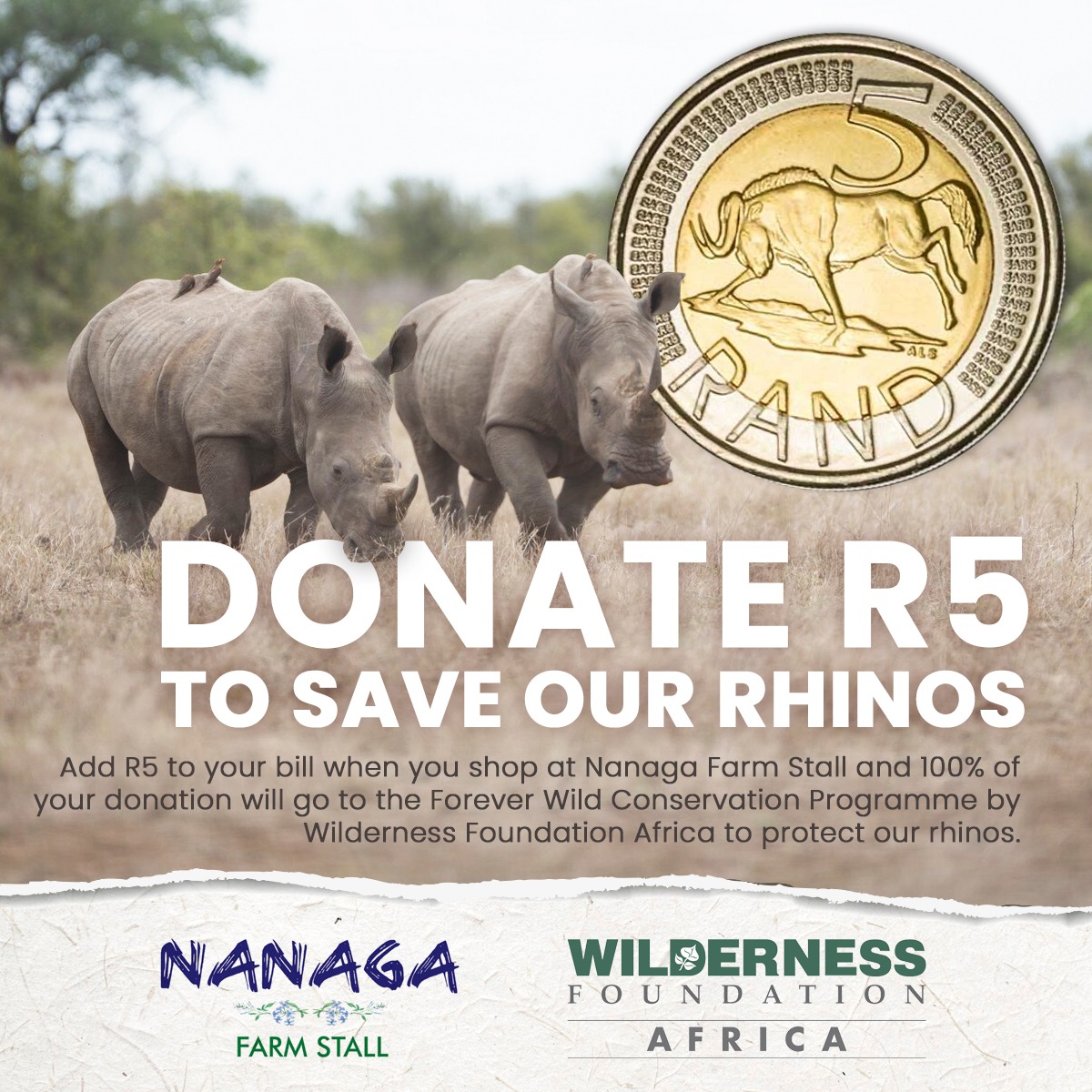 🎁 As we head into the festive season, a reminder that you can add R5 to your bill when shopping at Nanaga Farm Stall and it will go directly towards our Forever Wild Rhino Protection Initiative.