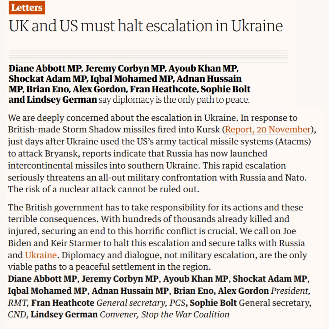 CNDuk's tweet image. The British government needs to take responsibility for its actions in escalating the war in Ukraine. We need to step back from the nuclear brink with peace talks and a lasting political settlement. 

Our letter to the Guardian: theguardian.com/world/2024/nov…