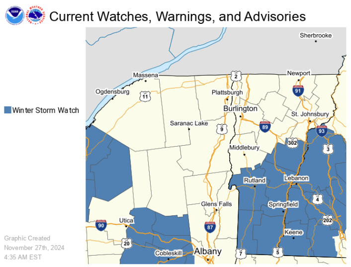NWSBurlington's tweet photo. A Winter Storm Watch is in effect from 1 AM Thu thru 1 AM Fri for Orange, Rutland, Windsor, Bennington, and Windham Counties of VT. Exact snow amounts still uncertain, but the focus will be towards southern VT. https://t.co/97UQYKEmBk