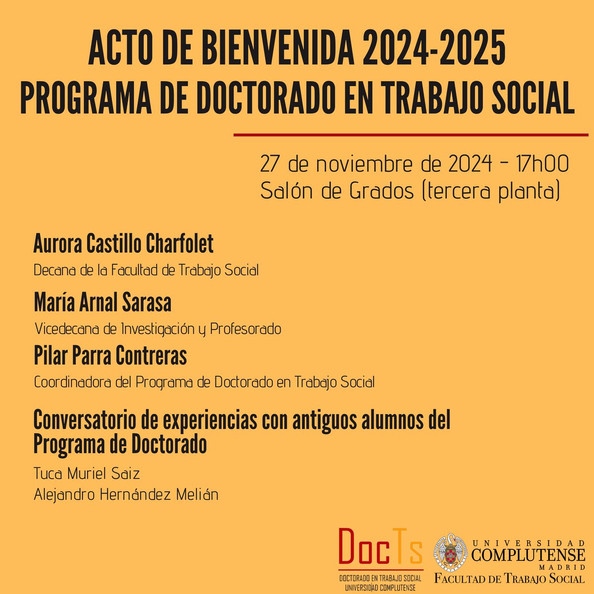 Os esperamos esta tarde en el Acto de Bienvenida del Programa de Doctorado en Trabajo Social del curso 2023-2025. Se celebrará a las 17h00 en el Salón de Grados. 
¡Si eres estudiante internacional de doctorado podrás conectarte online!