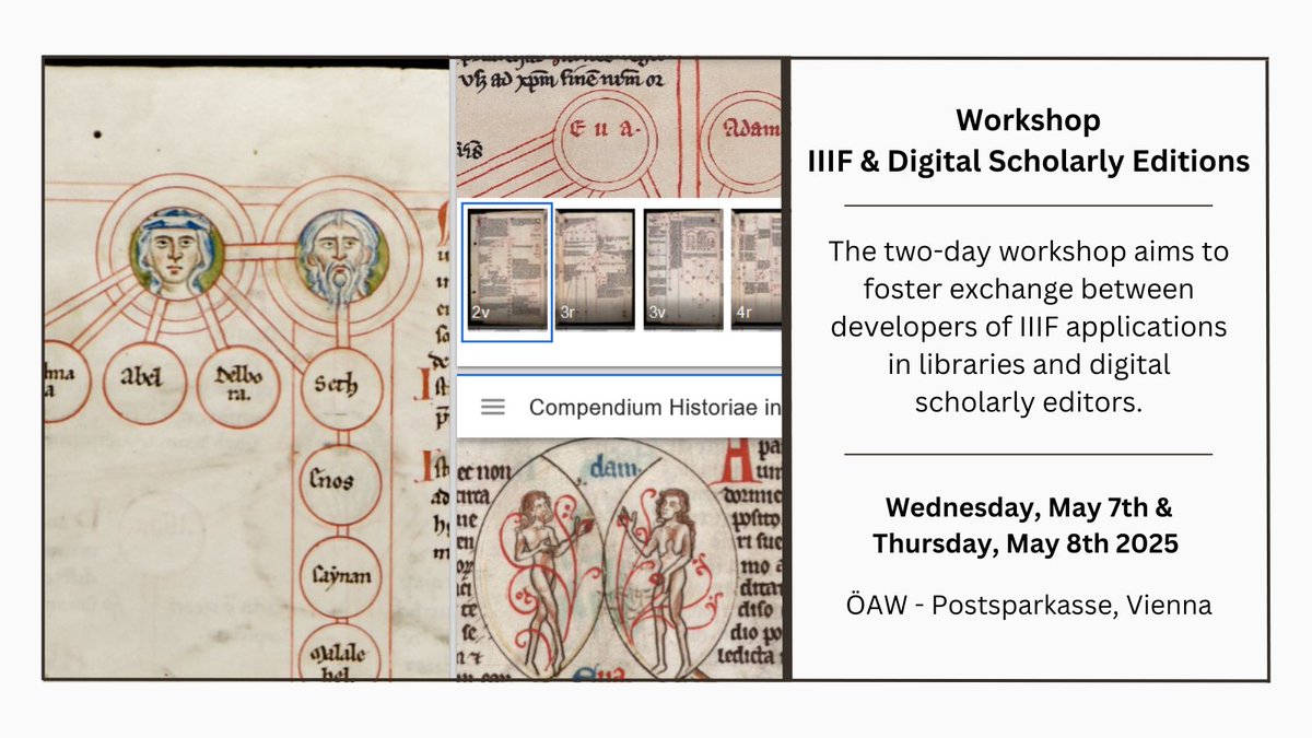 CLARIAH-AT (@atclariah) on Twitter photo 🆕Save the date:
In May 2025, colleagues from <a href="/ihb_oeaw/">IHB_OeAW</a> & <a href="/DH_Graz/">DH Graz</a> are organising a workshop <a href="/oeaw/">Austrian Academy of Sciences</a>:
The 2-day workshop aims to foster exchange between developers of IIIF applications in libraries & digital scholarly editors:
👉clariah.at/en/events/work…
#IIF #digitalEditions 🆕Save the date:
In May 2025, colleagues from <a href="/ihb_oeaw/">IHB_OeAW</a> & <a href="/DH_Graz/">DH Graz</a> are organising a workshop <a href="/oeaw/">Austrian Academy of Sciences</a>:
The 2-day workshop aims to foster exchange between developers of IIIF applications in libraries & digital scholarly editors:
👉clariah.at/en/events/work…
#IIF #digitalEditions