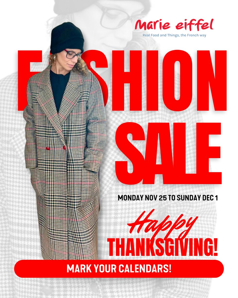 marieeiffel's tweet image. ✨ Marie Eiffel Fashion Sales ✨
Monday, November 25 - Sunday, December 1

Get ready to shop your favorites just in time for the holidays! 🛍️ Wishing you a wonderful Thanksgiving filled with love, style, and gratitude. ❤️

#MarieEiffel #FashionSales #ThanksgivingStyle #ShopLove