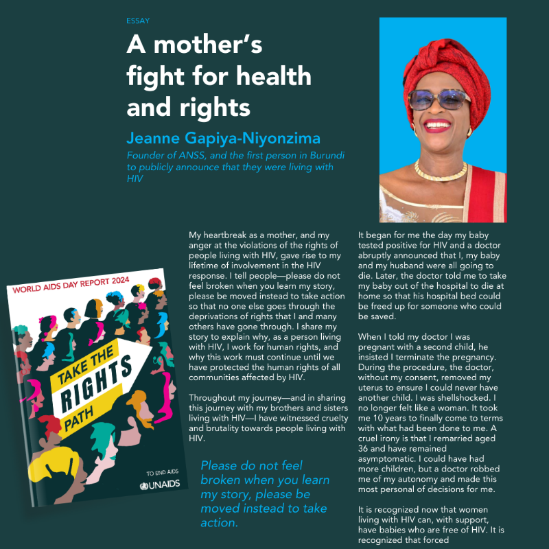 UNAIDS's tweet photo. "As someone whose human rights have repeatedly been violated, I understand that a human rights violation against anyone is an attack on the health and well being of all of humanity." 
 
Read @GapiyaJ's story in the new #WorldAIDSDay2024 report: https://t.co/VgSTqR6QYe